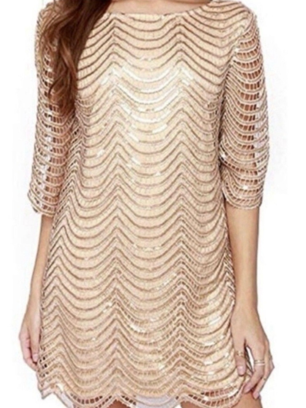 Beige Sequin Scallop Shift Dress - Women